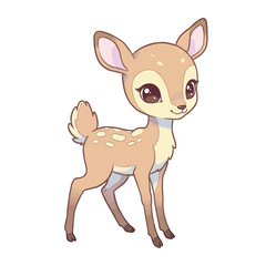 Adorable cartoon fawn with big eyes and spotted coat standing gracefully.
