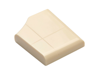 Isometric view of a light beige, stylized rectangular solid with engraved lines