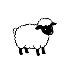 Adorable cartoon sheep with fluffy white wool and black face standing.