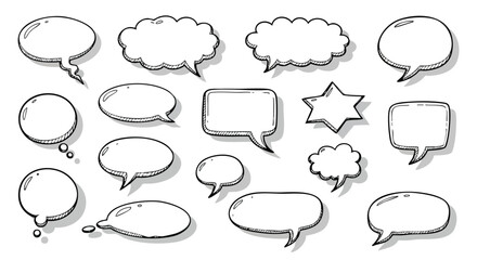 Fototapeta premium Collection of hand-drawn speech bubbles in various shapes, including oval, cloud, star, and rectangular forms, outlined in black.