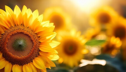 Obraz premium Sunflowers B At Soft Blur Background Close Up Big Flowers Of Sunflower With Yellow Petals In Bright Sunlight With Bokeh Backdrop