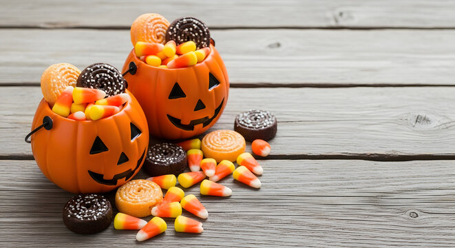 Spooky pumpkin buckets overflowing with delicious Halloween candy and mini donuts create a festive and tempting scene for holiday celebrations and sweet treats.