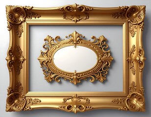 Ornate gold frame with an inner oval frame against a light background