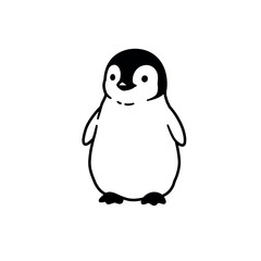 Cute baby penguin chick simple black and white illustration.