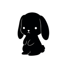 Cute black bunny with big floppy ears and white eyes sitting upright.