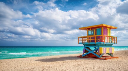 Obraz premium Colorful lifeguard stand on a sunny beach. Tropical ocean landscape with blue sky. Summer vacation and travel destination concept.