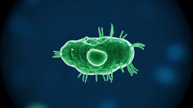 Vibrant green single-celled organism under microscope. Protozoan biology concept with nucleus and pseudopods