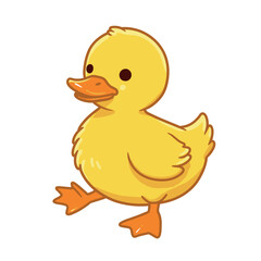 Cute cartoon duckling walking with orange beak and feet on white background.