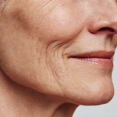 Fototapeta premium Cropped photo of an elderly person's cheeks, emphasizing the texture of the skin, fine lines, and clean white tones.