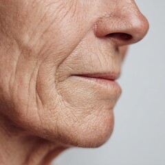 Obraz premium Cropped photo of an elderly person's cheeks, emphasizing the texture of the skin, fine lines, and clean white tones.