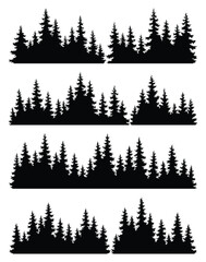 Set of fir trees silhouettes. Coniferous spruce horizontal background patterns, black evergreen woods vector illustration. Beautiful hand drawn panoramas of coniferous forest