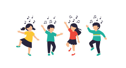 Fototapeta premium Children joyfully dancing to the rhythm of music with notes floating above their heads.