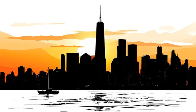 Fototapeta Silhouette of a city skyline at sunset