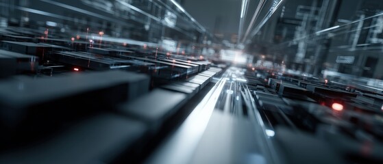 Abstract futuristic technology background with glowing light trails and geometric shapes Concept of data flow, artificial intelligence, and digital network