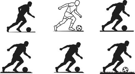 Soccer player silhouette dribbling ball, football motion illustration, sports action pose, athlete movement design, dynamic figure, training concept