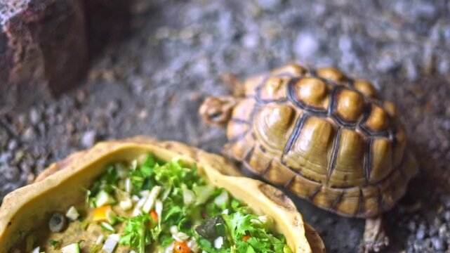 Close-up of a Mediterranean tortoise (Testudo hermanni) feeding on green leaves. Terrestrial reptile in the act of eating, showing its characteristic shell and natural behavior. Ideal footage to illus
