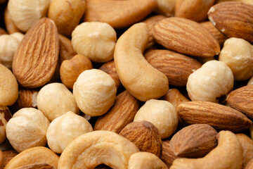 Nuts close-up. Almonds, cashews, hazelnuts. Product rich in minerals and vitamins. Healthy eating. Snack.