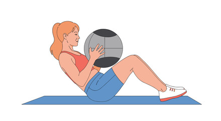 A woman performs a medicine ball Russian twist exercise on a yoga mat.