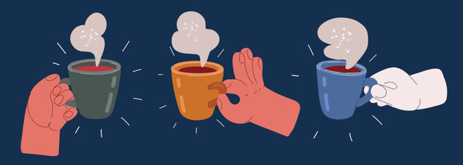 Cartoon vector illustration of hands holding tea cups — symbol of warmth, connection, and shared moments against dark background