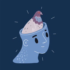 Cartoon vector illustration of a dove inside a person’s head — symbol of peace, inner calm, and mindful thinking against dark background