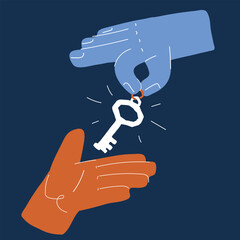 Cartoon vector illustration of one hand passing keys to another symbol of trust, opportunity, and shared responsibility against dark background