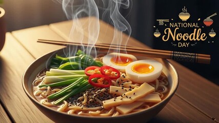 Steaming bowl of ramen with chopsticks on National Noodle Day