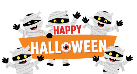 Fototapeta premium Five cute cartoon mummies holding an orange banner that reads 'Happy Halloween' with an eyeball, celebrating the festive holiday.