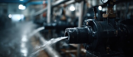 Industrial water pump with gauge leaking water in factory Concept of plumbing, engineering, and maintenance