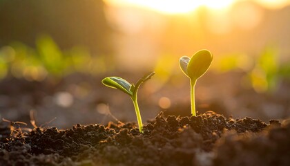 New sprouts emerge from soil at sunrise