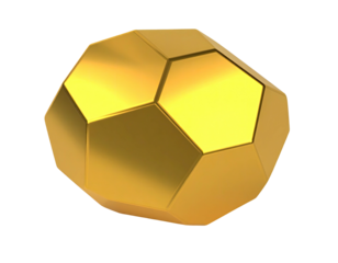 A gold, faceted, geometric shape floats against a stark black background