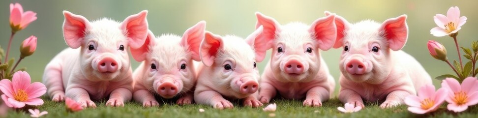 Adorable pink piglets with blooming flowers, seamless repeat, whimsical, texture