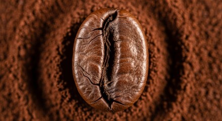 Close-up shot of a single roasted coffee bean resting on a bed of ground coffee powder.