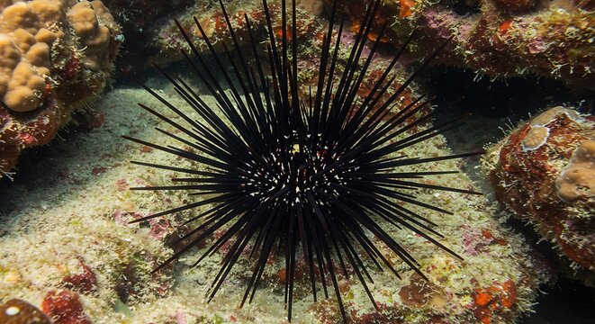 Close up view of a black sea urchin on a textured rock formation - Powered by Adobe