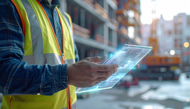 Construction Project with Digital Tablet: A close-up shot of construction worker wearing a safety vest skillfully using a transparent digital tablet, navigating blueprints and planning a structure. 