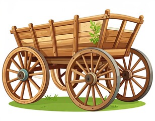 Fototapeta premium Antique Wooden Cart with Rustic Wheels on Green Grass Field Illustration