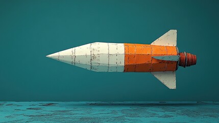 Fototapeta premium Retro futuristic rocket suspended mid air against teal background blending segmented metal design vintage textures space exploration mechanical detail nostalgic sci fi aesthetics