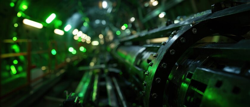 Industrial metallic pipeline with green neon lights in a dark underground tunnel Concept of technology, engineering, and futuristic infrastructure