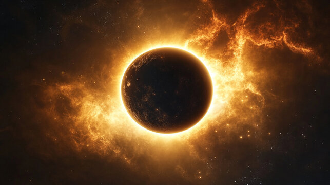 Dramatic total solar eclipse with glowing solar corona as the moon casts shadow over the sun symbolizing cosmic mystery celestial power and rare astronomical wonder.