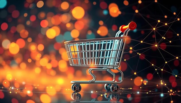Abstract network of data points, nodes, and lines forming a retail shopping cart,  futuristic,  connections