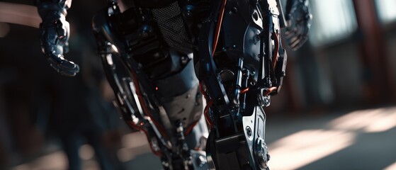 Fototapeta premium Closeup of a futuristic robot walking in a modern industrial setting, showcasing advanced technology and engineering with a metallic exoskeleton Concept of robotics and automation