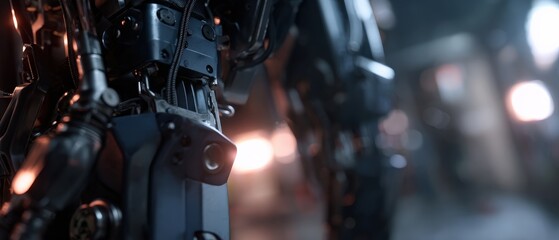 Fototapeta premium Closeup of a futuristic robot with intricate mechanical details in a dimly lit, industrial setting Concept of advanced technology, robotics, and science fiction