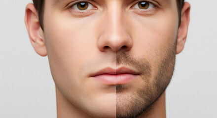 Half clean shaven and half stubbled face of a man captured during a sunny afternoon in a relaxed outdoor setting