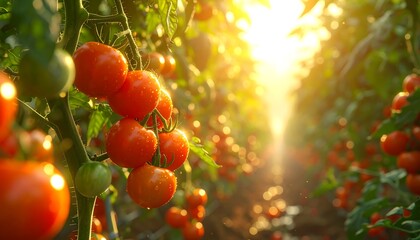 Ripe tomatoes hanging from vines in a greenhouse at sunset