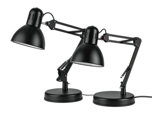 Two articulated desk lamps, black, with adjustable arms and curved shades, lit