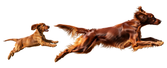 In a sunny open field, an Irish Setter puppy and an adult dog leap excitedly. Their playful energy shows a joyful interaction in a vibrant outdoor setting.