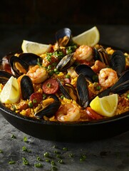 A vibrant paella with saffron-infused rice, mussels, shrimp, and chorizo, garnished with lemon wedges