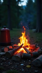 Cozy campfire scene with glowing embers, firewood, and camping gear , exploration, firepit, mountain