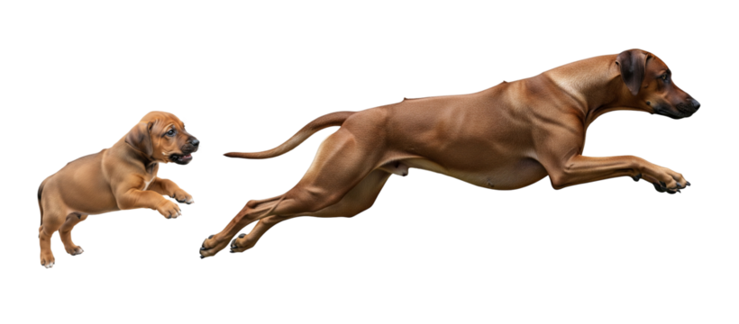 Indonesian Ridgeback puppy and an adult are leaping in unison across a grassy area. Their happiness radiates as they play together under a clear blue sky.