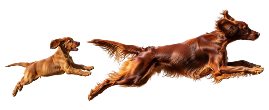 In a sunny open field, an Irish Setter puppy and an adult dog leap excitedly. Their playful energy shows a joyful interaction in a vibrant outdoor setting.