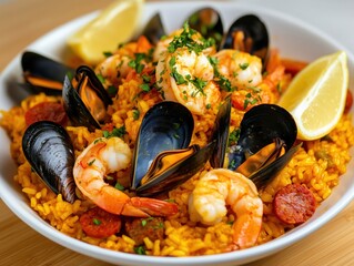 A vibrant paella with saffron-infused rice, mussels, shrimp, and chorizo, garnished with lemon wedges